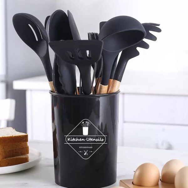 12 Pcs Silicone Cooking Utensils Kitchen Utensil Set | Heat Resistant Kitchen Non toxic Spatula Set with Turner Tongs,Spoon,Brush,Whisk-Wooden Handle(Random color) - Image 4