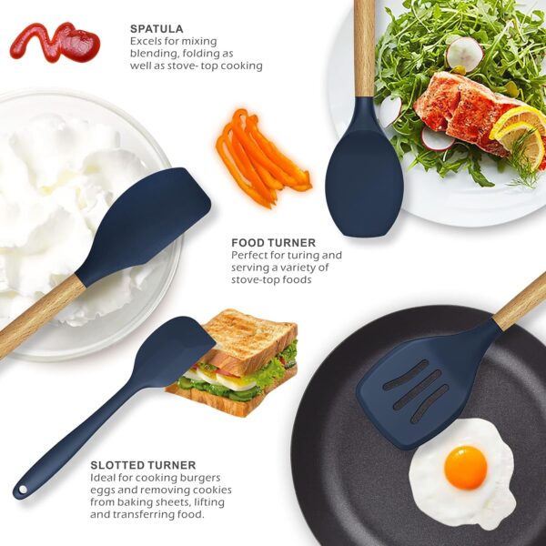 12 Pcs Silicone Cooking Utensils Kitchen Utensil Set | Heat Resistant Kitchen Non toxic Spatula Set with Turner Tongs,Spoon,Brush,Whisk-Wooden Handle(Random color) - Image 6