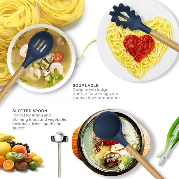 12 Pcs Silicone Cooking Utensils Kitchen Utensil Set | Heat Resistant Kitchen Non toxic Spatula Set with Turner Tongs,Spoon,Brush,Whisk-Wooden Handle(Random color) - Image 5