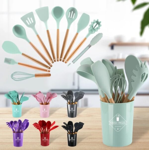 12 Pcs Silicone Cooking Utensils Kitchen Utensil Set | Heat Resistant Kitchen Non toxic Spatula Set with Turner Tongs,Spoon,Brush,Whisk-Wooden Handle(Random color) - Image 11